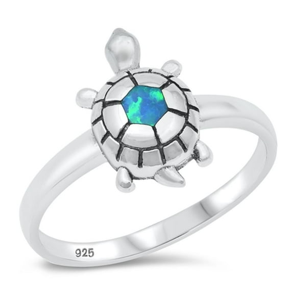Blue Simulated Opal Turtle Ring .925 Sterling Silver Band Cubic Zirconia Jewelry Female Male Size 9
