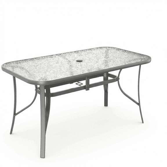 LAZY BUDDY 29.5'' x 55'' Rectangular Patio Table with Umbrella Hole, All Weather Tempered Glass Outdoor Dining Table, Metal Frame, for Yard, Deck, Lawn