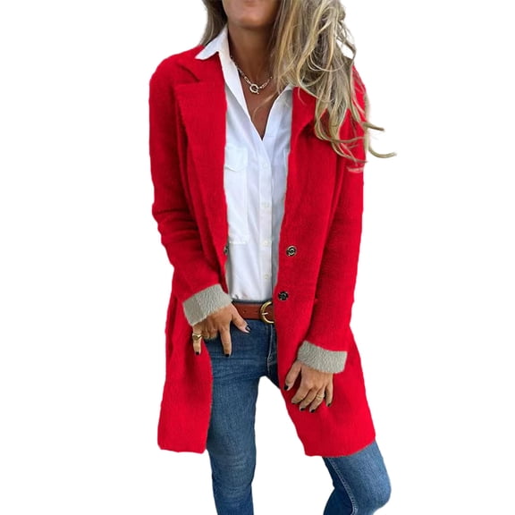 Coats for Women Single Breasted Trench Coat Fashion A-Line Fall Winter Jackets, Mid-Length Pure Color Outerwear for Daily Use,Red,3XL