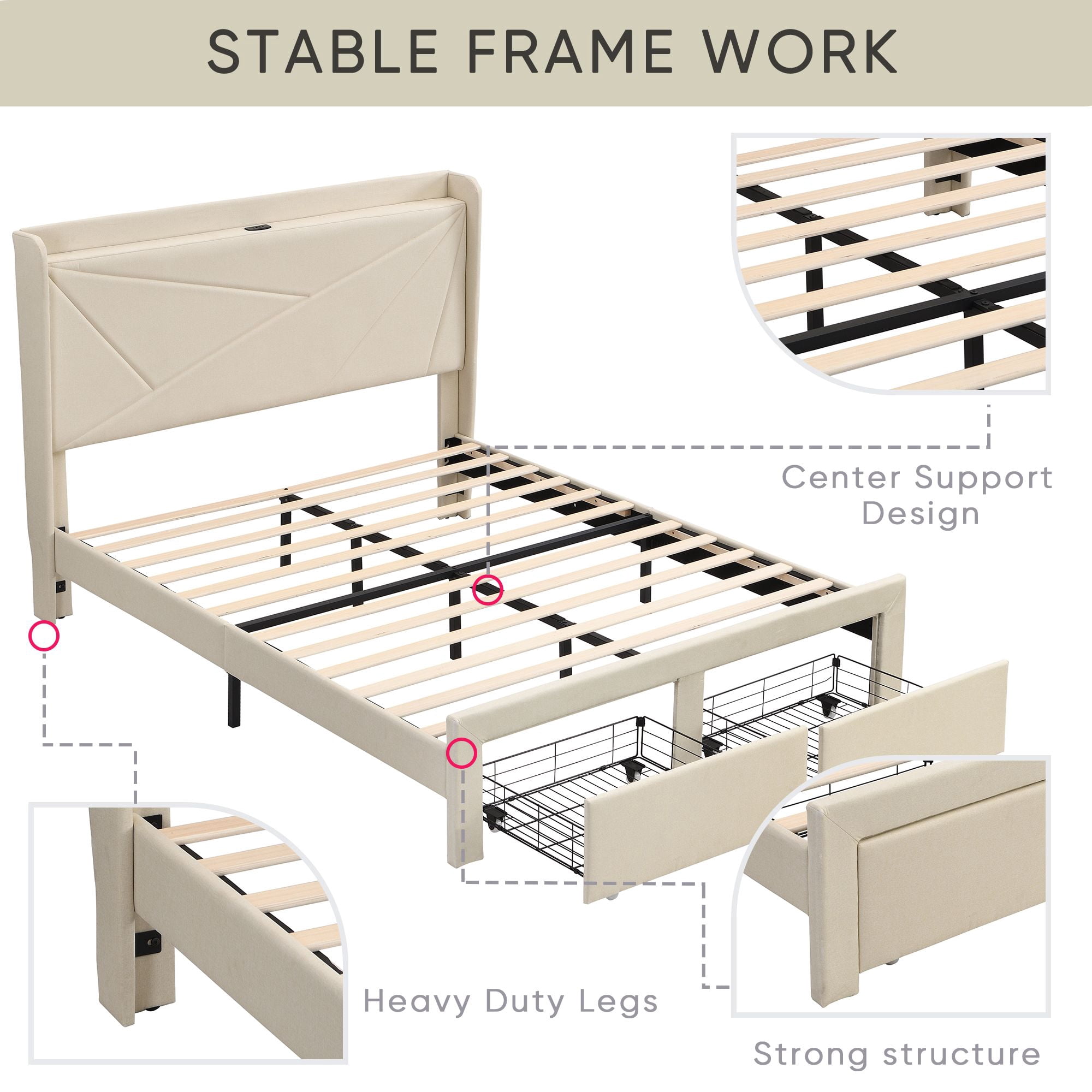 Aukfa Full Bed Frame with 2 Storage Drawers and USB Ports , Upholstered Platform Bed with Storage Shelf Headboard, Beige