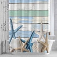 thumbnail image 3 of Blue White Shell Starfish Shower Curtain for Bathroom Decor, Blue Green Wood Grain Waterproof Fabric Shower Curtain, 48"x72" Set with 12 Hooks, 3 of 9