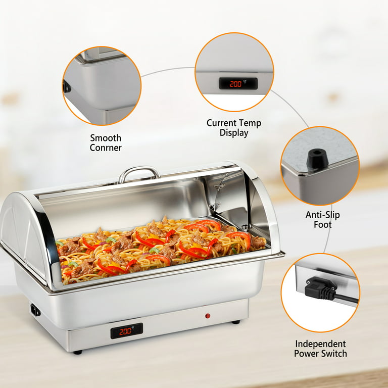 Ktaxon 9 QT Electric Chafing Dish Buffet Set,Stainless Steel Roll Top  Catering Chafer Server Food Warmer with Cover, Full Size & 2 Detachable  Food