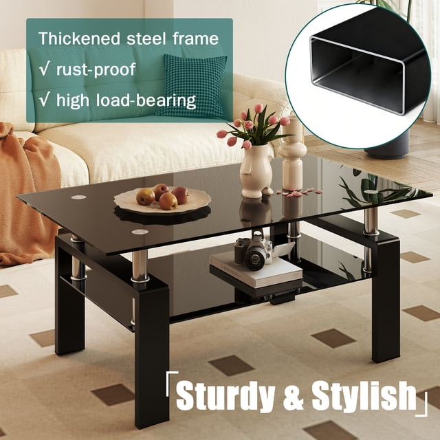 Table Basse Rectangulaire en Verre Noir, Table Basse Transparente, Tables d'Appoint Modernes pour Salon, Mobilier de Salon