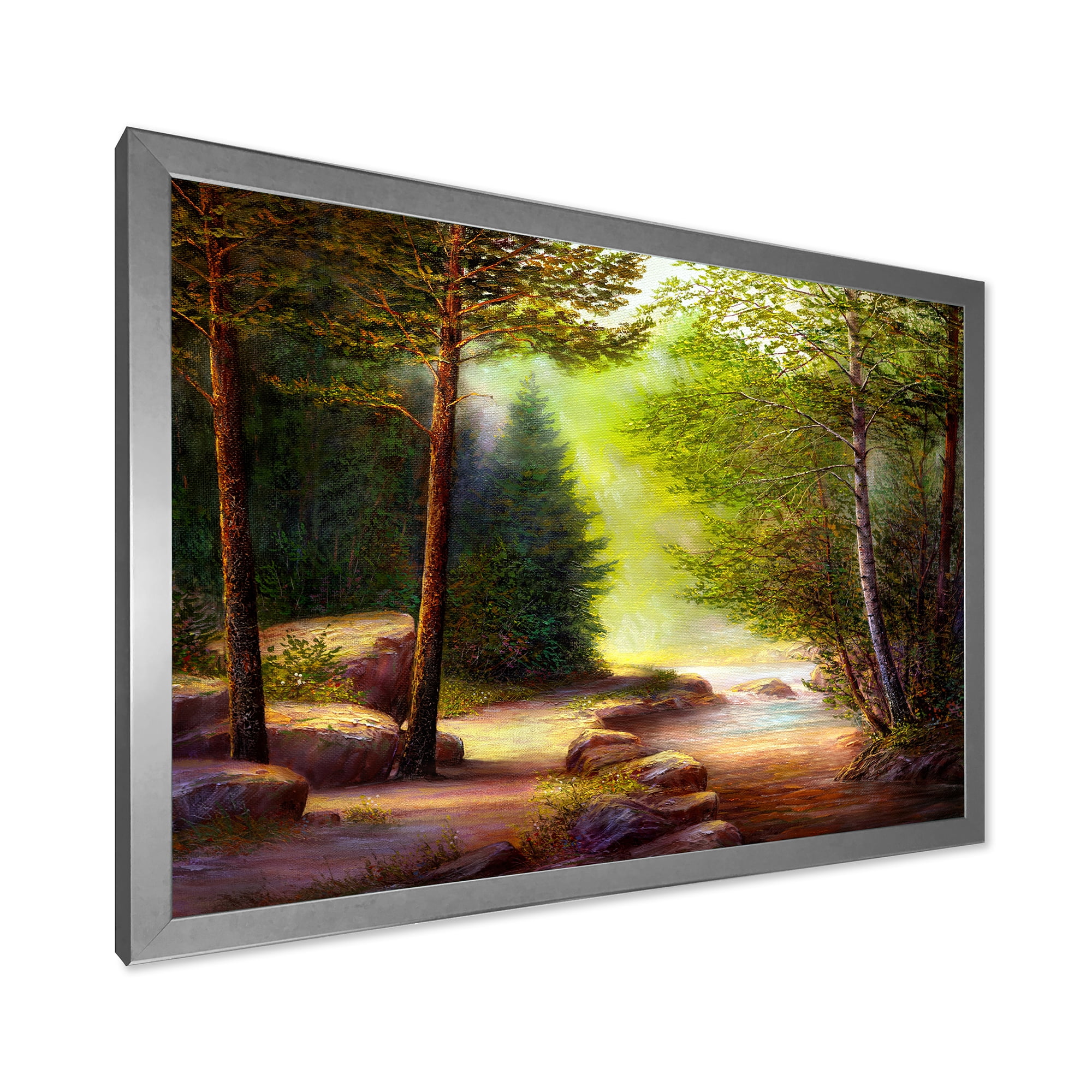 Sunrise Glow Through The Spring Trees 32 in x 16 in Framed Painting Canvas Art Print, by Designart