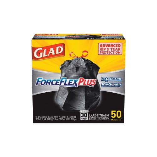 Glad ForceFlexPlus Drawstring Large Trash Bags Large Size - 30 gal - 0.90 mil (23 Micron) Thickness - Black - 50/Box - Home, Garbage, Office, Commercial, Restaurant