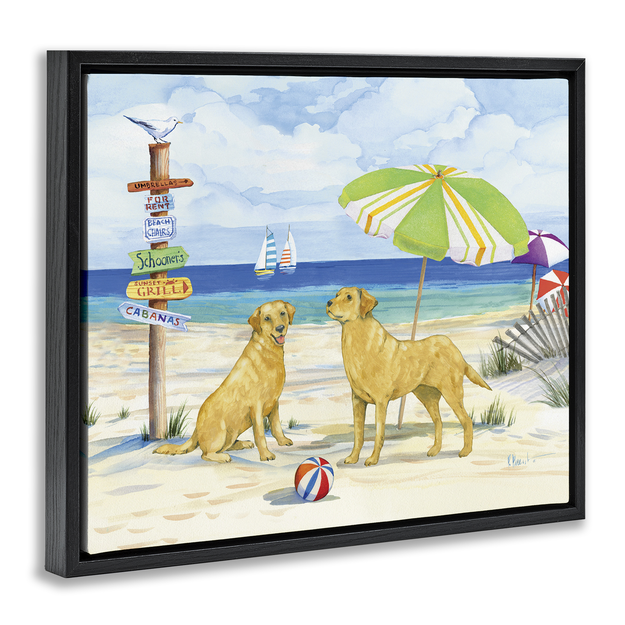 Stupell Industries Dog Beach Day Animals & Insects Painting Black Floater Framed Canvas Art Print Wall Art, 21 x 17