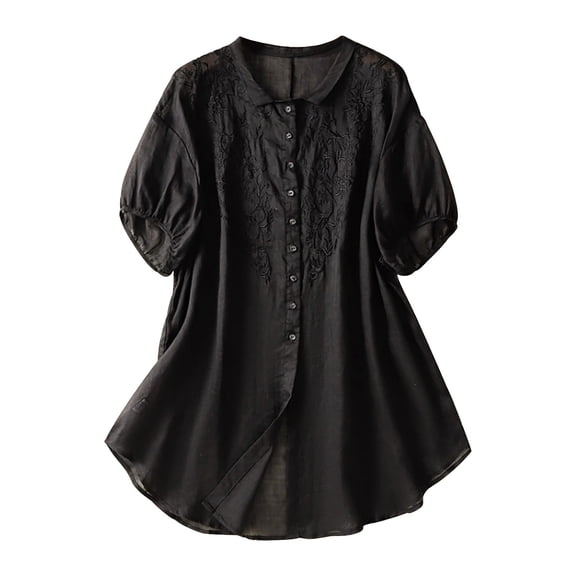 Vinsonshop Women Cotton Linen Embroidered Tops Embroidered Boho Tops Women Short Sleeve Tunic Blouse Summer Shirts Short Sleeve Shirts Retro Embroidered Boho Summer Outfit (L-3XL)