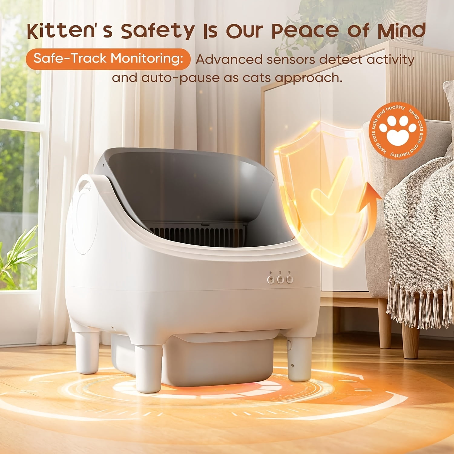 Self-Cleaning Litter Box, Automatic Cat Litter Box with APP Control, Open-Design Electric Litter Box, Safety Anti-Pinch, Odor-Free Waste Disposal Includes Trash Bags, Suitable for Multiple Cats