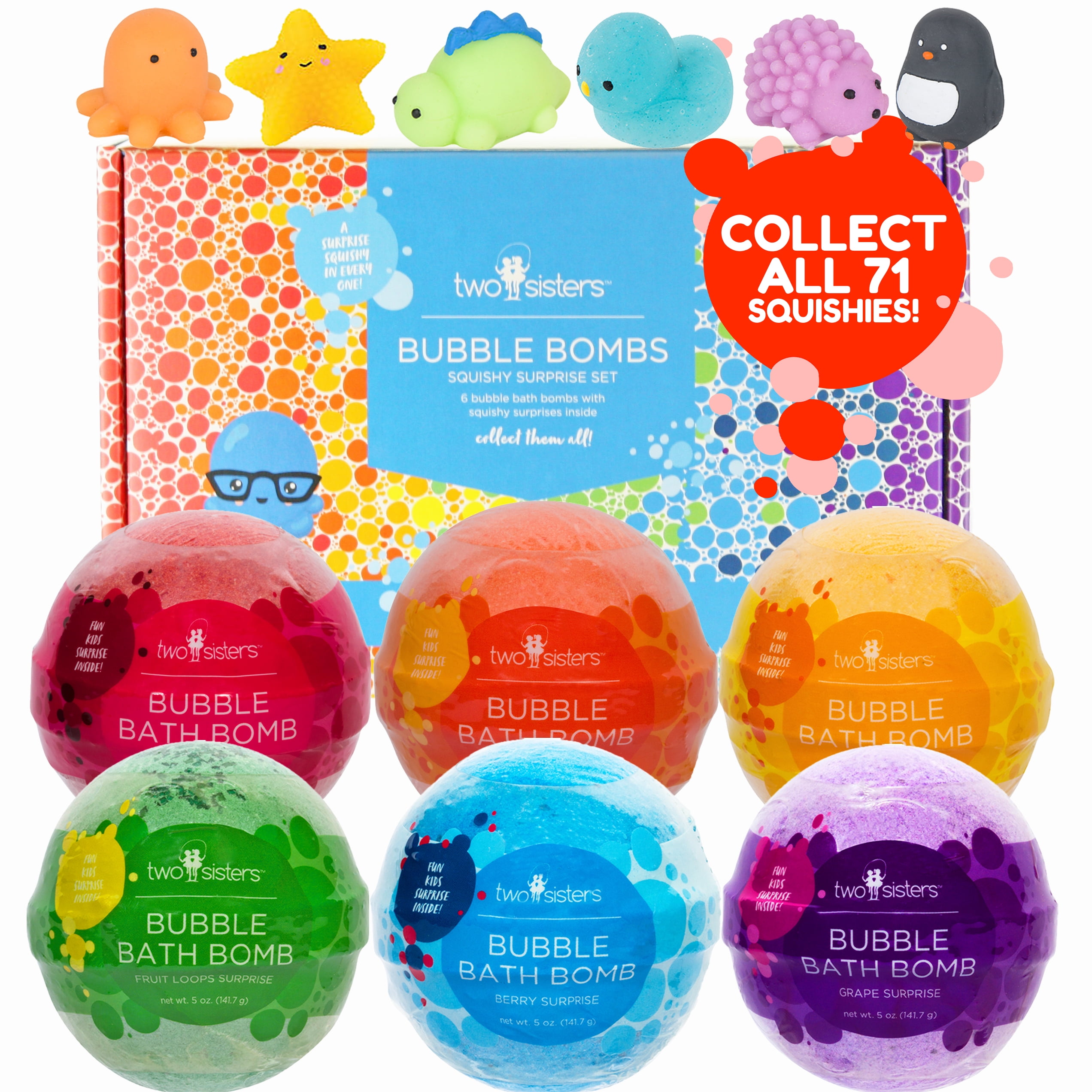 Two Sisters Spa Bubble Bath Bombs for Kids with Surprise Squishy Toys Inside, 6 Count