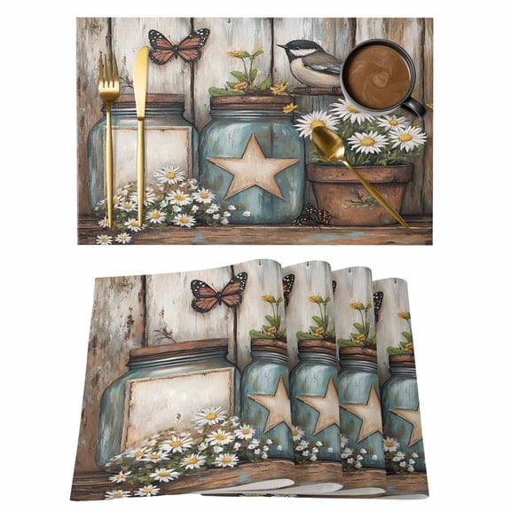 Independence Day Placemats Set of 4, Vintage Country Star Flora Wood Grain Non-Slip Place Mats Washable Table Mats for Kitchen Dining Table Decorations Indoor/Outdoor