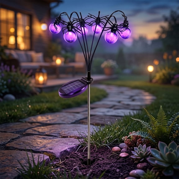 Halloween Decor Outdoor Solar Lights 29.53 Inch Waterproof Staked Purple Globe Garden Light with Spider Web Accents for Yard Lawn Patio Entryway