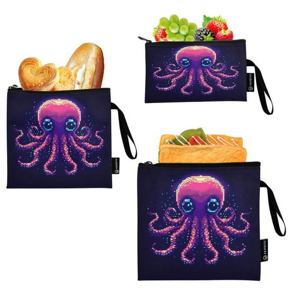 Haosy 3 Pack Reusable Ziploc Bags BPA Free Healthy Food Storage Bag Leakproof Sandwich Snack Freezer Bags Pixel Octopus