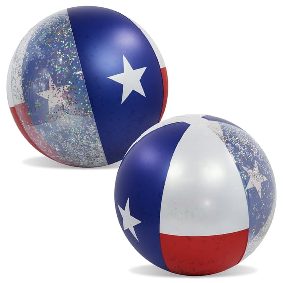 POZA Set of 2 Texas Flag Inflatable Beach Balls – 16 Inch Beach Balls with Sparkly Silver Star Confetti Design, PVC Vinyl Inflatable Pool Toys for Summer Fun Water Games - 2 Packs / 16 Inches