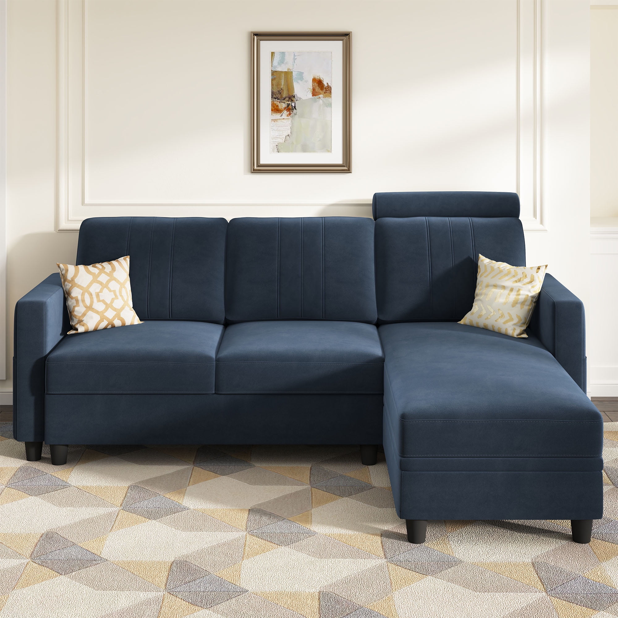 HONBAY Convertible Velvet L-Shaped Sectional Sofa with Headrest Pillow ...