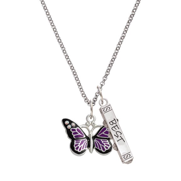 Delight Jewelry Silvertone Large Purple Butterfly with 6 AB Crystals Silvertone Best Friends Forever Bar Charm Necklace, 23"