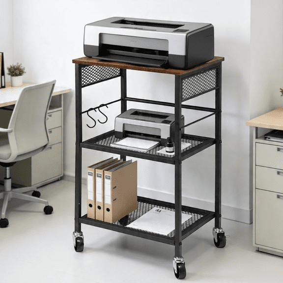 OUTMASTER 3-Tier Printer Stand with Storage, Rolling Printer Cart for Home Office, Black & Brown