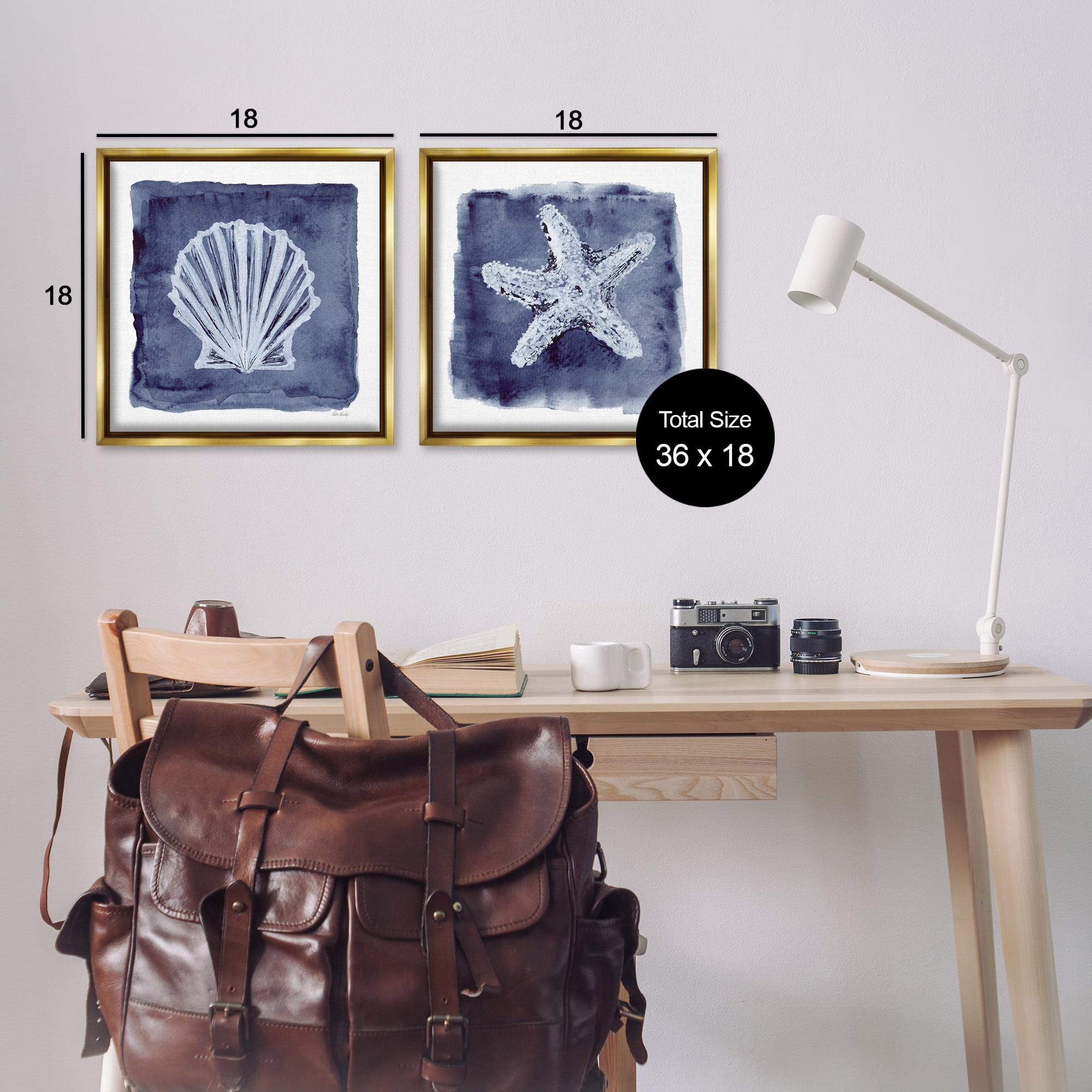 Stupell Industries Shell & Starfish Impressions Nautical & Beach Painting Gold Floater Framed Canvas Art Print Wall Art, 18 x 18, Set of 2
