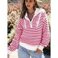 thumbnail image 6 of Women Striped Half Zip Long Sleeve Ribbed Knit Pullover Comfy Casual Light-Weight Tops Fall Fashion Pink XL, 6 of 8