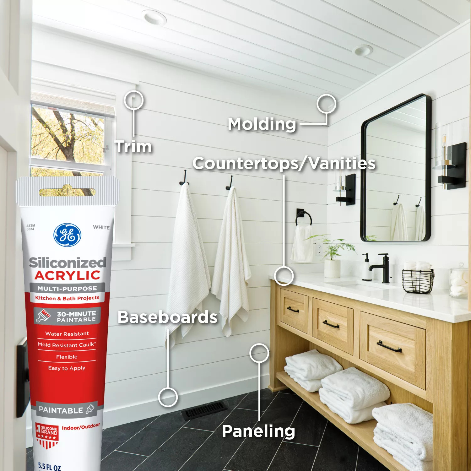 GE Siliconized Acrylic Multipurpose Sealant Kitchen & Bath, Pack of 1, White 5.5 fl oz Tube