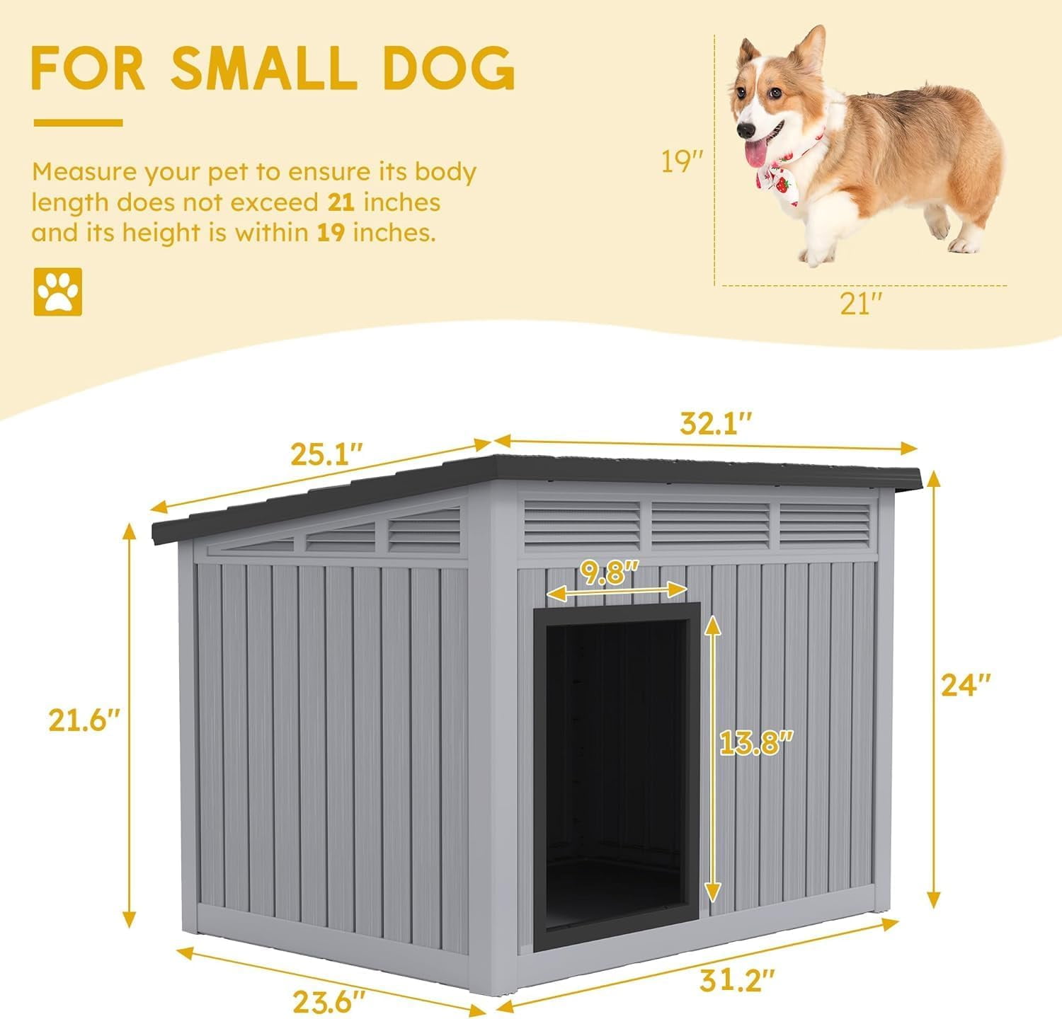 Dog House Outdoor Indoor for Medium Dog - Weatherproof & Removable Roof, Easy Assemble and Clean for Small to Medium Dogs(Grey, 32.1" L × 25.1" W × 24" H)