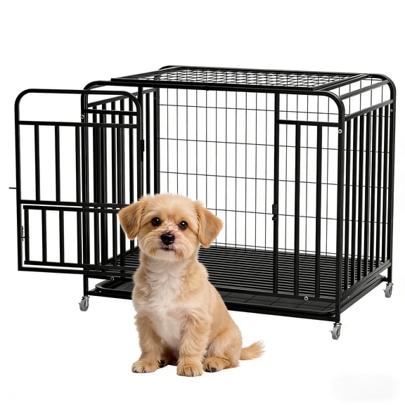 38" 4 Lockable Wheels Upgraded Removable Tray Max Load 200lbs, Pet Dog Crate, Folding Dog Crate, Dog Kennel Indoor, Heavy Duty Indestructible Dog Crate, for Small and Medium-Sized Dogs
