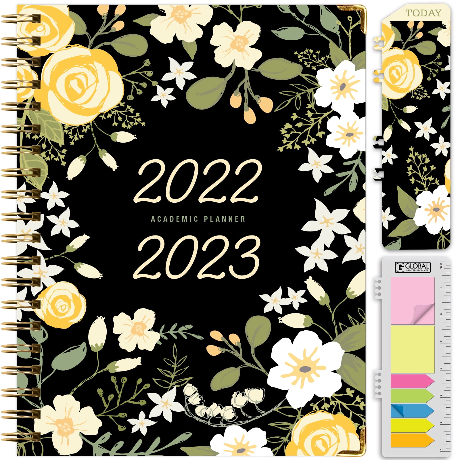 hardcover-day-planner-2022-2023-w-stickers-8-5-x-11-black-floral-yellow-walmart-com