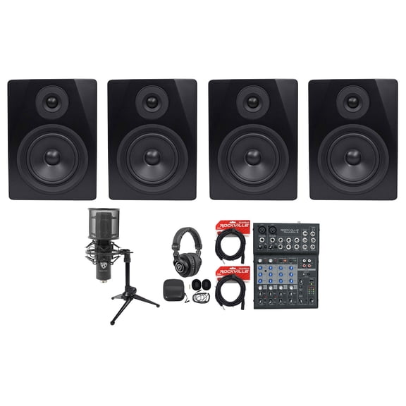Rockville Recording Studio Bundle w/Mixer Monitors Microphone Headphones Cables