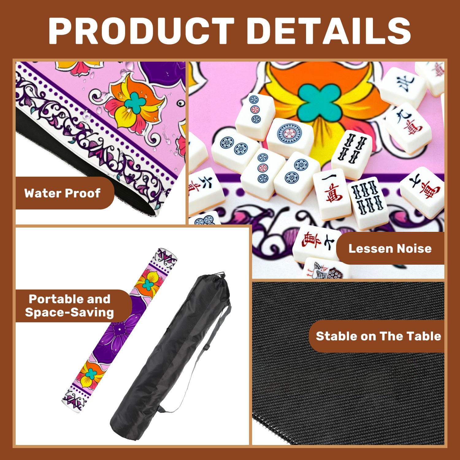Mahjong Mat 31.5" x 31.5" Ornamental Floral Mandala Purple Center Flower Yellow Blossoms Non-Slip Noise Reduction American Mahjong Tiles Table Cover for Dominoes Poker Card Board Games Gift