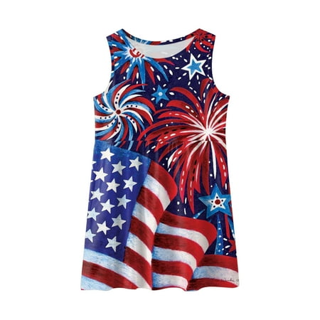 

WUDATI Summer Princess Girl Party Dress Toddler Kids Girl Fourth Of July Independent Day Star Stripes Prints Sleeveless Pockets Party Costome Princess Dress Fashionable Cute Soft Breathable