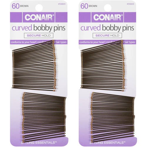 (2 Pack) Conair Styling Essentials Curved Bobby Pins, Brown, 60 count