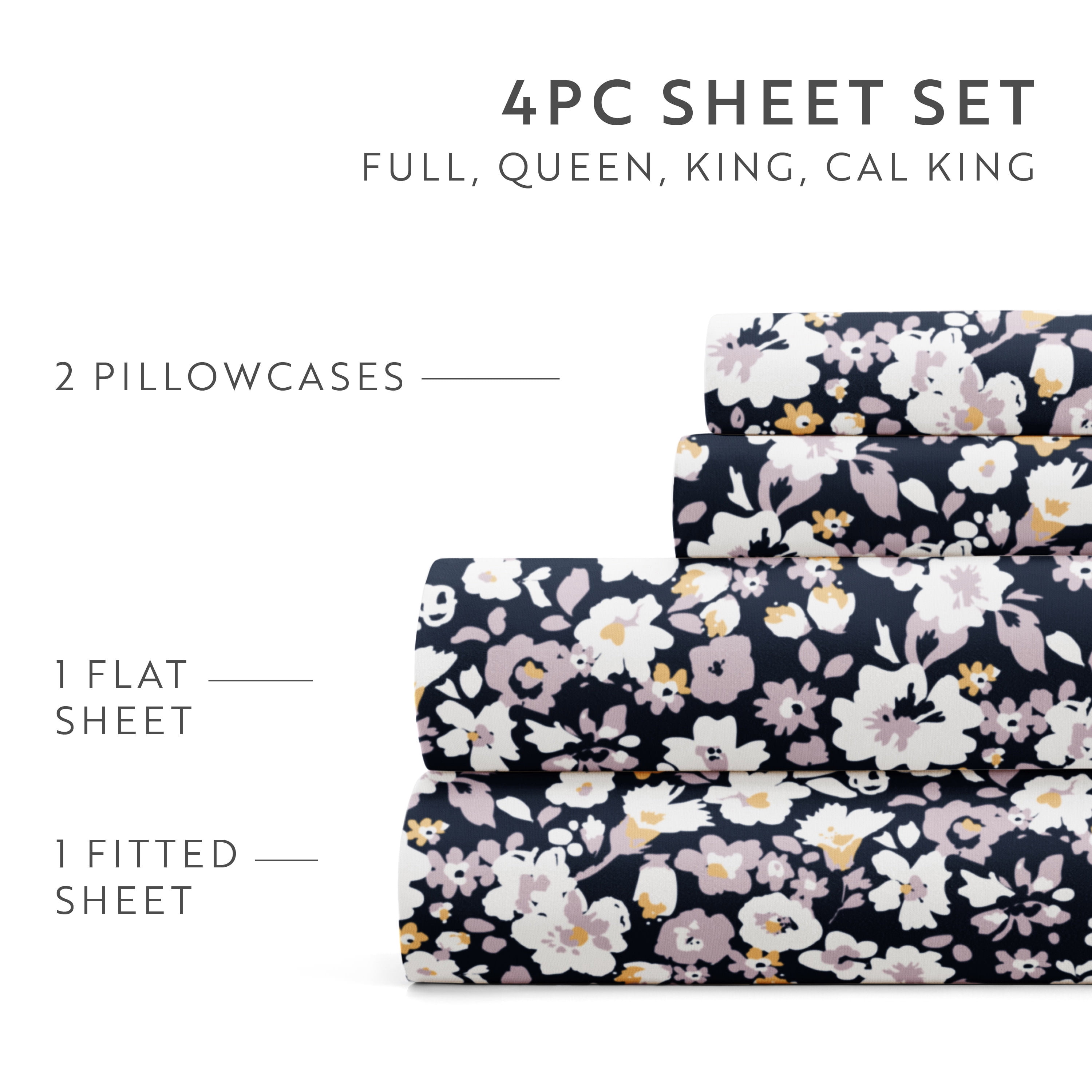 Noble Linens 4 Piece Pattern Microfiber Bed Sheets Set, Floral Dream Navy, Full