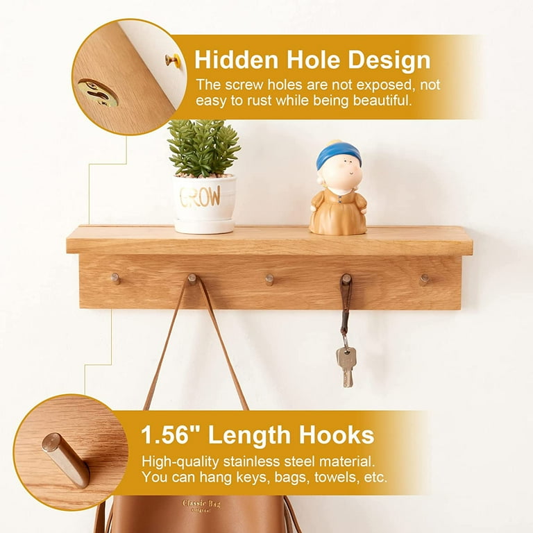 Coat Rack Shelf Wall Mounted Oak Wood Entryway Shelf with Hooks