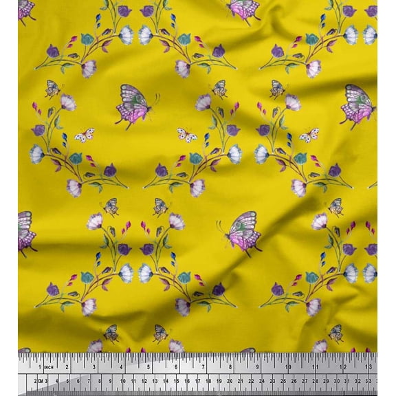 Soimoi Cotton Poplin Fabric Butterfly & Wildflower Floral Printed Craft Fabric by the Yard 56 Inch Wide