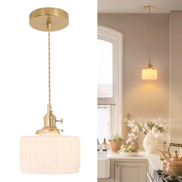 Lámpara colgante Shenmoyl con pantalla de cristal a rayas blancas