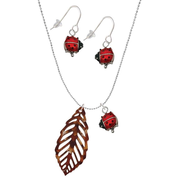 Delight Jewelry Acrylic Large Leaf Pearly Brown Red Lucky Ladybug Necklace and Dangle Earrings Set