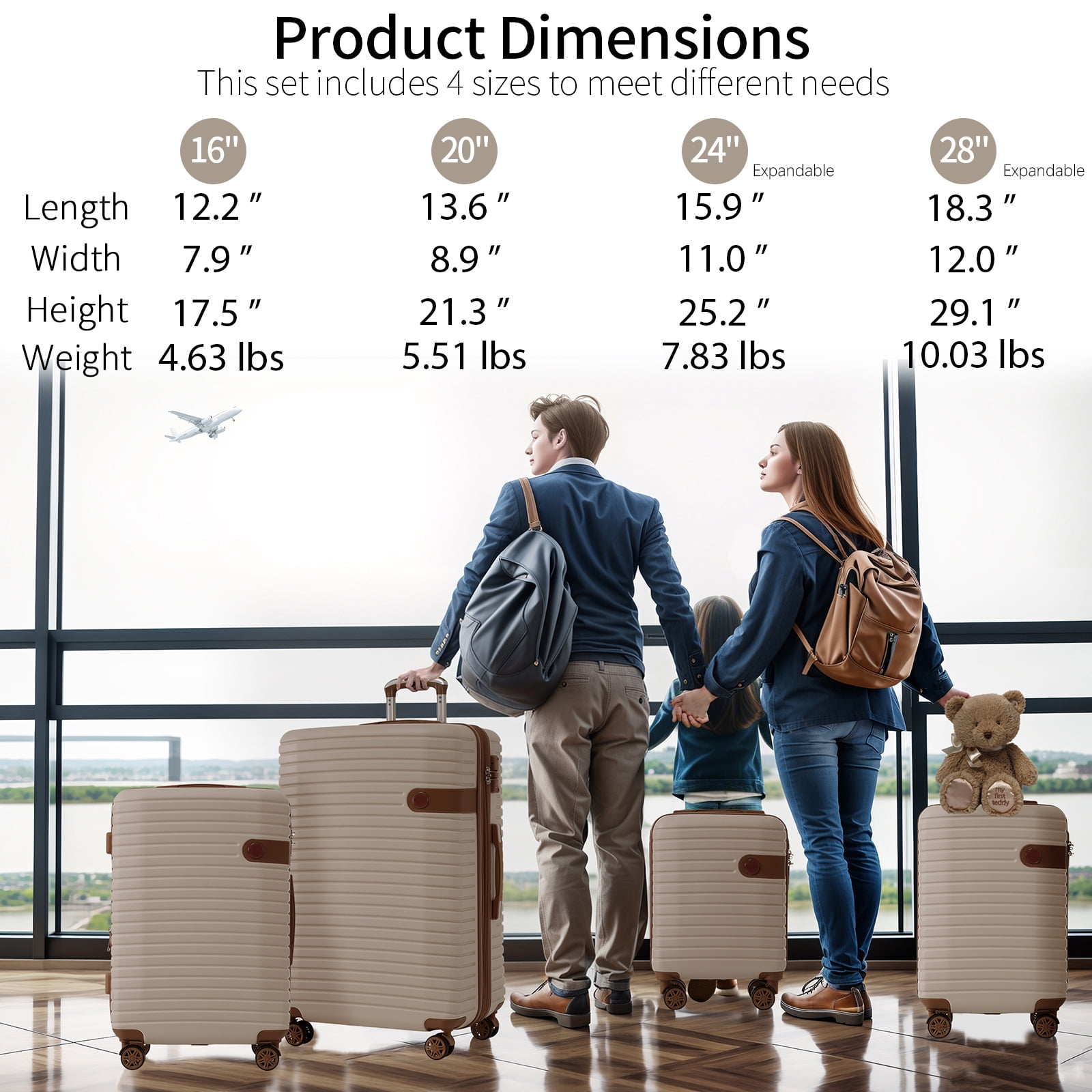 4-Piece Luggage Set, 16"20"24"28", ABS Hard Shell, TSA Lock, 360° Spinner Wheels, Packing Boxes