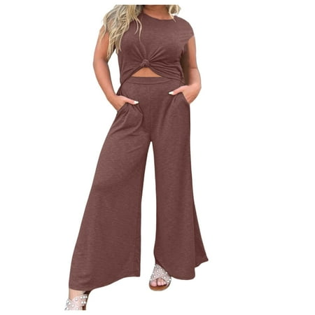 Blphud Comfy Travel Outfits for Women Casual Jumpsuits Womens Jumpsuits Casual Summer Rompers Sleeveless Loose Baggy Overalls with Pockets Clothes Cotton Bodysuit Romper Women Brown S