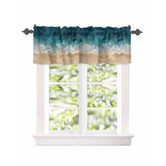 Kitchen Curtain Valances for Windows,Teal Blue Coastal Ocean Beach Theme Rod Pocket Small Valance Wave Coastal Sandbeach Short Window Treatment for Bedroom Bathroom Living Room,54"x18"