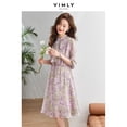 thumbnail image 1 of Vimly Bow Neck Midi Elegant Dresses of Women 2023 Spring French A-line Elastic Waist Long Sleeve Purple Floral Chiffon DressS Gao Jinjia LED, 1 of 1
