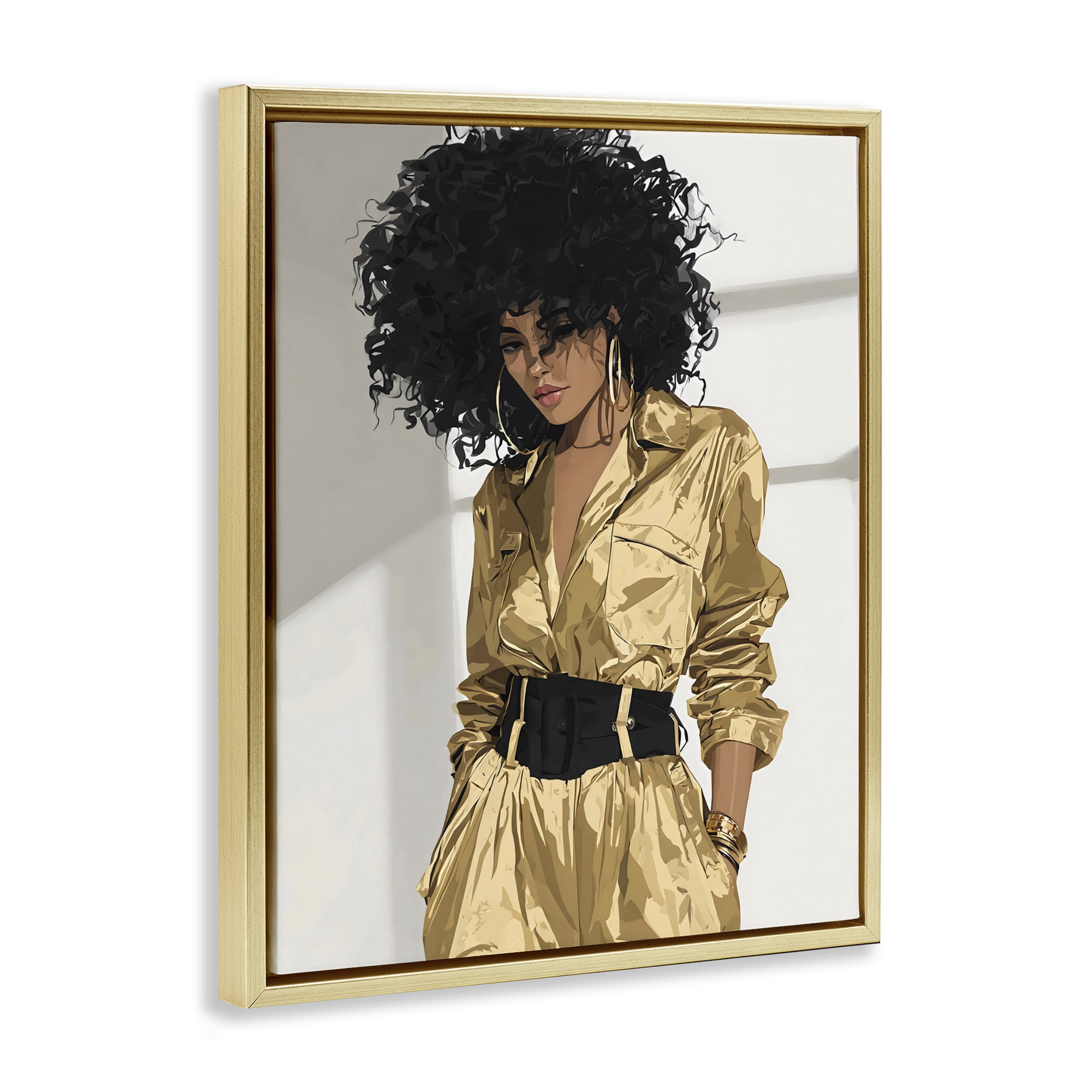 Stupell Industries Elegant Woman in Chic Jumpsuit Gold Framed Floater Canvas Wall Art, design by Franklyn Gregory