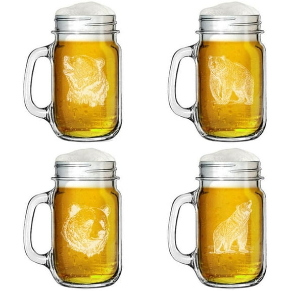 16oz Mason Jar Glass Mug w/Handle Gift Set of 4 Bear Collection