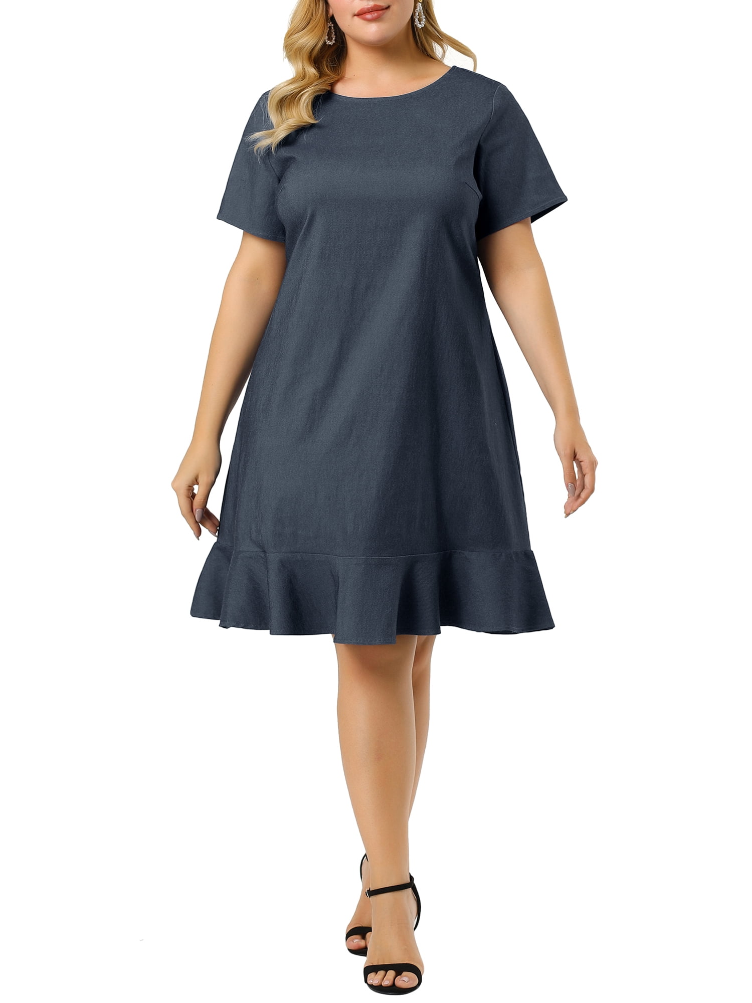 Unique Bargains Juniors' Plus Size Denim Ruffle Hem Short Sleeve Chambray Dress 4X Dark Blue