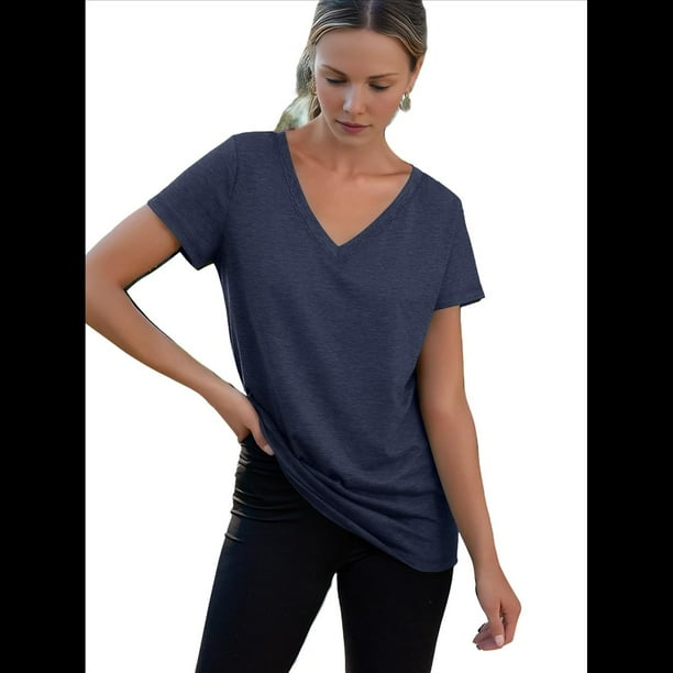 Camiseta Informal de Mujer con Cuello en V, Azul Marino, Talla XXL