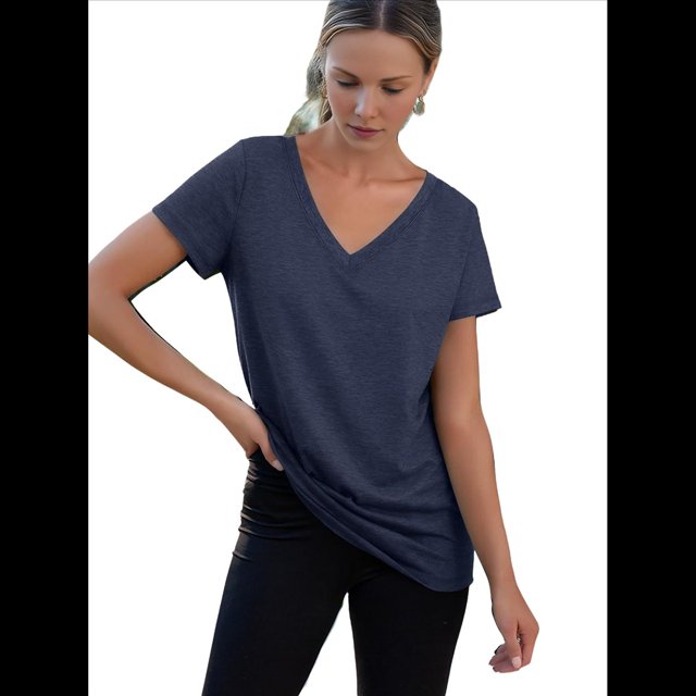Camiseta Informal de Mujer con Cuello en V, Azul Marino, Talla XXL