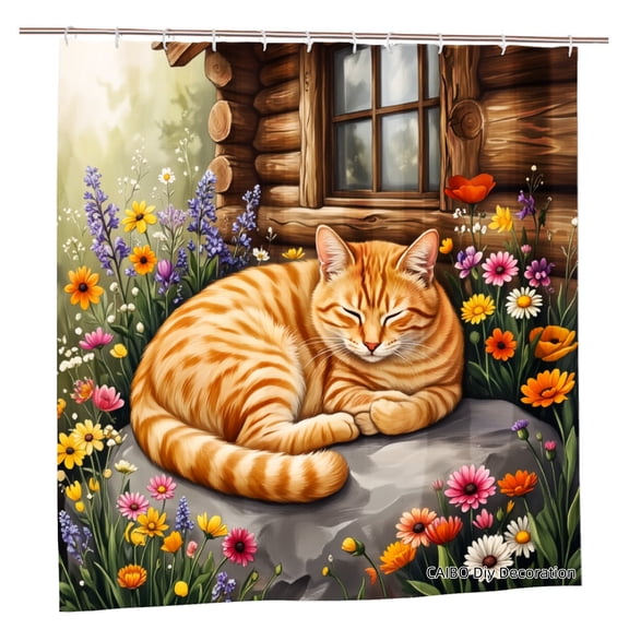 Joocen Polyester Shower Curtain Orange Cat Sleeping In Garden With Flowers And Log Cabin For Home Bathroom Bath Tub Decoration 72x72 inch