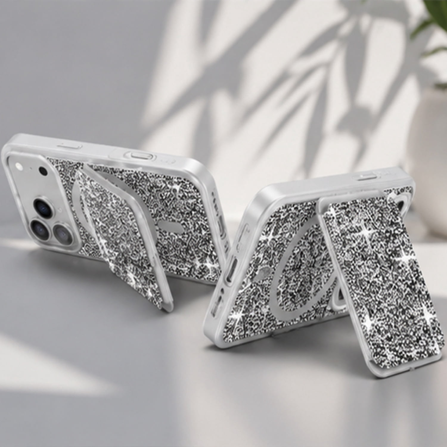 Crystal Diamond Magnetic Protective Cover with Card Pocket for iPhone 17 Pro Max - Silver