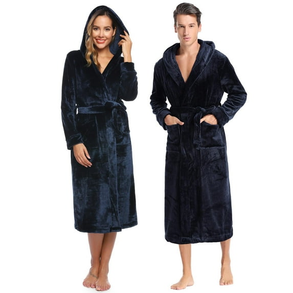 Purcoar Robes for Couples Long Hooded Robe Fleece Bathrobe with Pockets