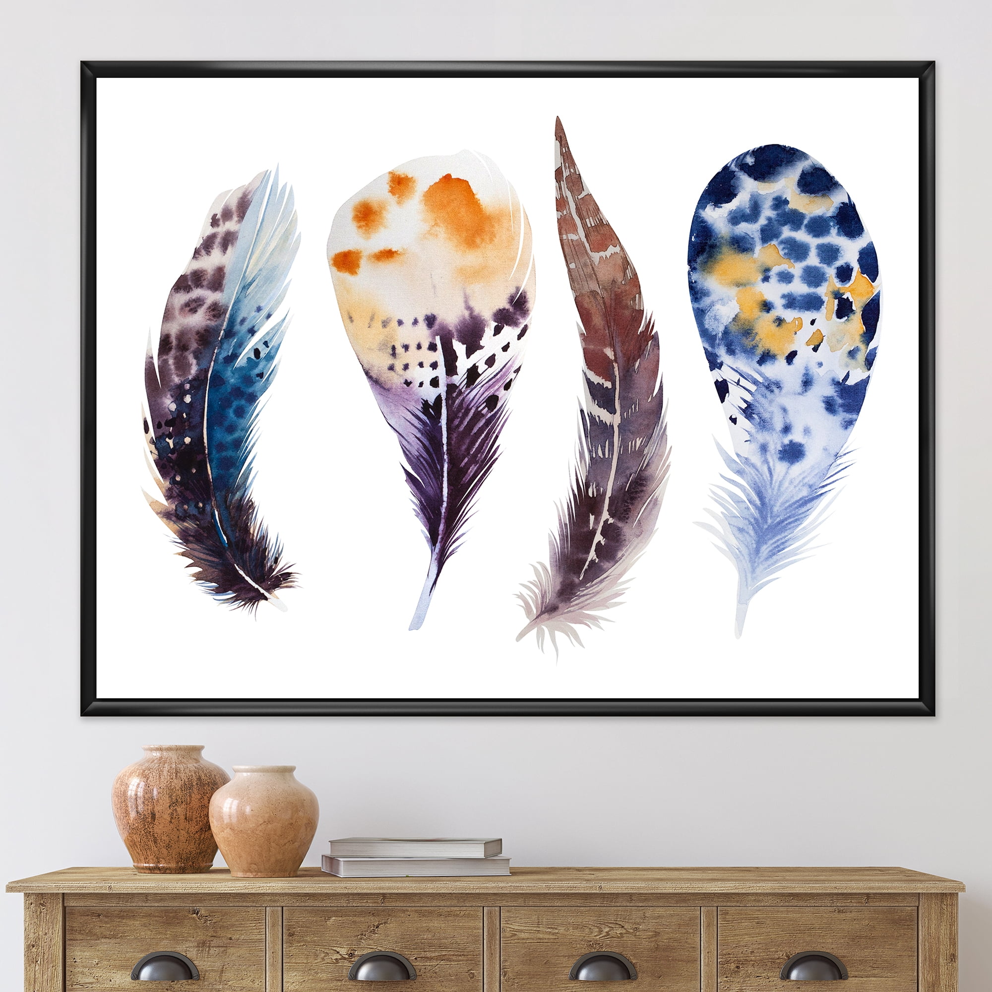 Designart 'Colourful Boho Feather Set On White VIII' Bohemian & Eclectic Framed Canvas Wall Art Print
