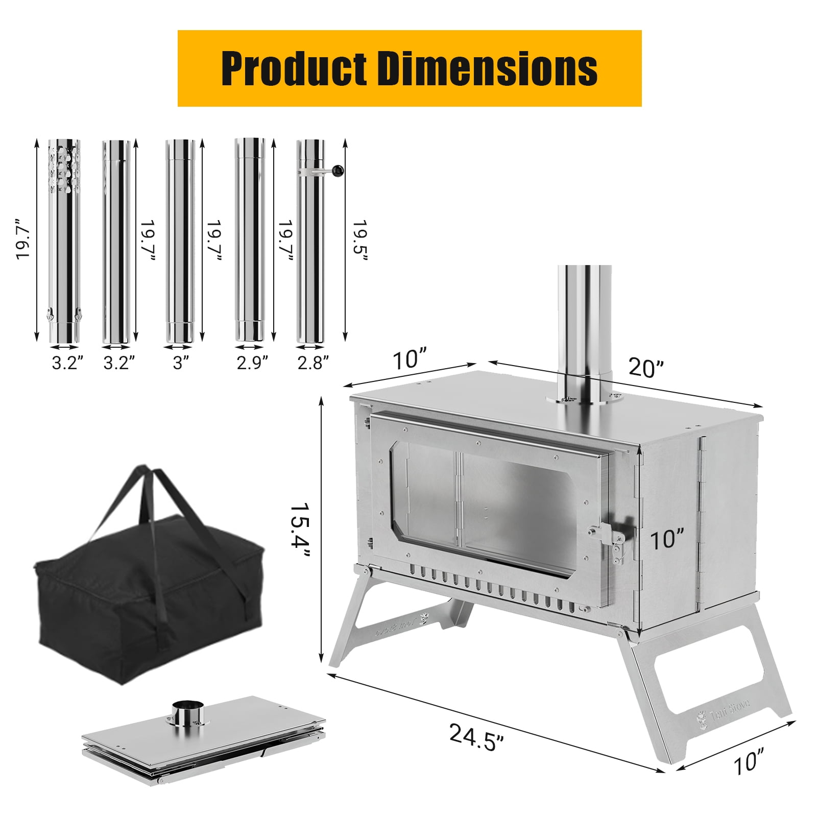 Large Portable Wood Burning Stove for Camping & Survival - Foldable Tent Stove with Viewing Glass & 5 Chimney Pipes - Outdoor Heating and Cooking Stove for Shelter, Tent, Backpacking Gear