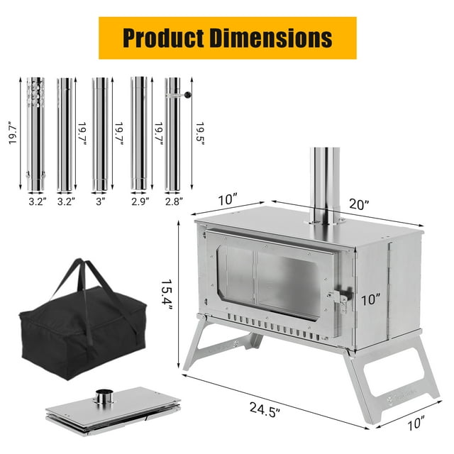 CazToi Collapsible Stainless Steel Tent Stove with Viewing Glass 5 Chimney Pipes